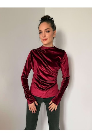 Ali Butik Bordo Balıkçı Yaka Kadife Bluz Bordo