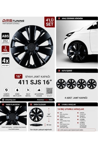 Chery Uyumlu 16 Inç Kırılmaz Parlak Siyah Jant Kapağı 1 Takım 4 Adet No:411