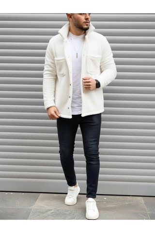 Stıll Giyim Unisex Normal Kalıp Cep Detaylı Düğmeli Pelüş Ceket Beyaz