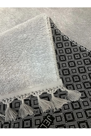 Puffy Gri Oval Örgü Saçaklı Peluş Yumuşacık Yıkanabilir Kaymaz Taban Halı Salon Oturma Odası Gri