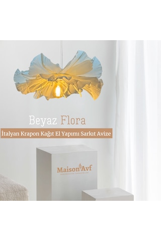 İtalyan Krapon Kağıt Beyaz Flora El Yapımı Sarkıt Avize Beyaz