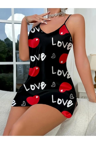 Cojans Love Desenli Siyah Saten Gecelik Çok Renkli