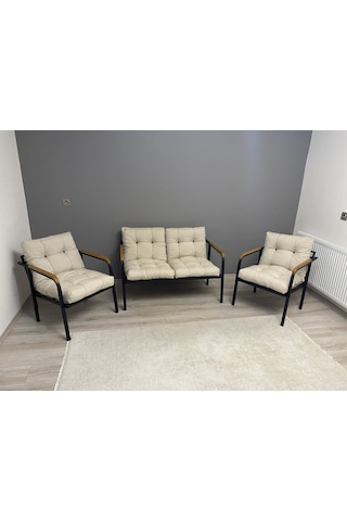 Modern Mars Balkon, Bahçe, Cafe - Metal Kanepe Koltuk Takımı - 2+1+1 Krem Modern32 Krem