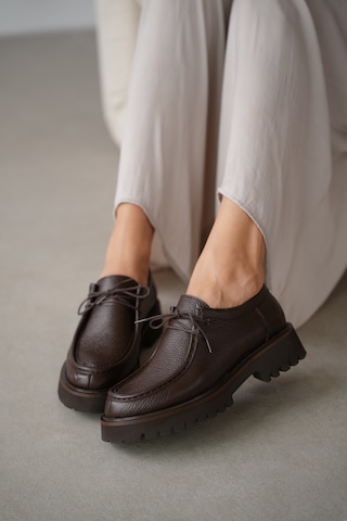 Orsel Hakiki Deri Bağcıklı Kadın Loafer- Kahverengi