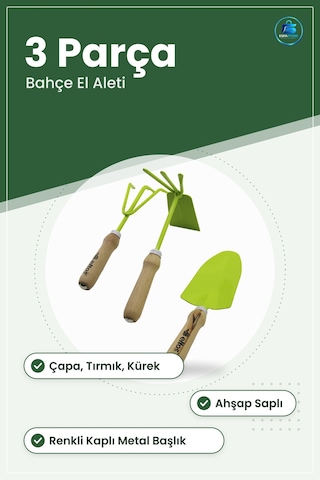Bahçe Hobi Seti Çapa 3 Dişli Tırmık Kürek Ahşap Saplı Renkli Kapl