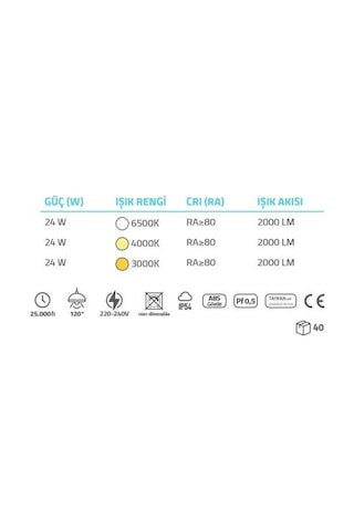 Econa 24w Beyaz Işık Sıva Ustu Tavan Armatürü - Siyah Kasa - Beyaz Işık - Ecn-1950 Beyaz Işık