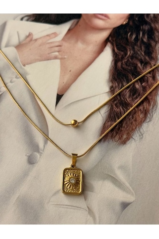 60 Cm Tek Taşlı Kare Güneş Paslanmaz Çelik Kararmaz Kadın Kolye Altın