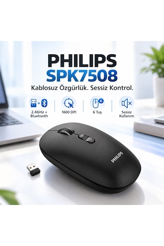 Philips SPK7508 Bluetooth 5.2 / 2.4GHz Kablosuz 1600 DPI 6 Tuşlu Sessiz Mouse