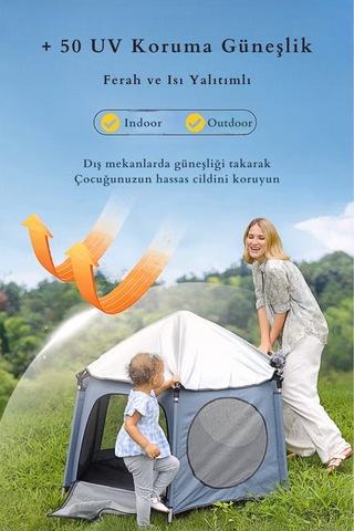 Kiwi Safari Çocuk-bebek Oyun Parkı Çadırı +50 Uv Korumalı,kolay Kurulum,alüminyum Sağlam Gövde - Gri