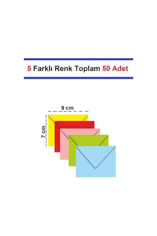 Kartvizit Zarfı Karışık 5 Farklı Renkli 80 Gr 7 X 9 Cm 50'li