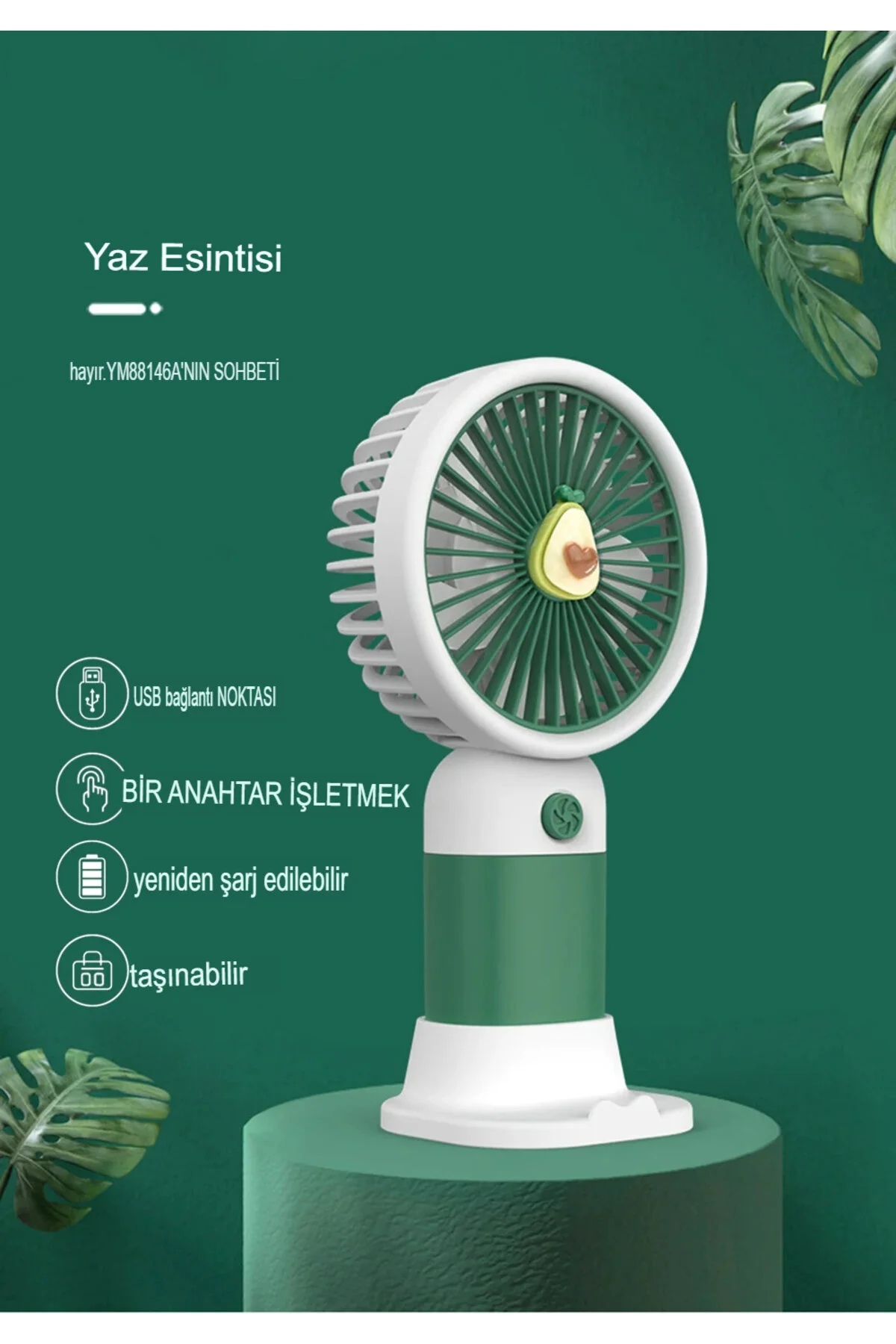 3 Kademeli Meyveli Masa Standlı Model Şarjlı El Fanı Serinletici Taşınabilir Fan Beyaz