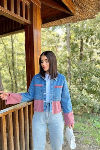 Kadın Mavi & Kırmızı Denim Kontrast Çift Renk Detay, Ön Düğmeli Manşetli, Kot Ceket Mavi