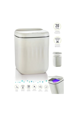 Sensörlü Çöp Kovası Antibakteriyel Uv Işıklı 20 Litre + Deterjan Hazneli Beyaz Silikon Klozet Fırçası-bys Beyaz