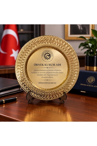 Metal Plaket Tabak Kurumlar İçin Terfi Takdir Tebrik Hediyesi Kalp Desenli Kurumsal Gold/gümüş Renk 25 Cm Altın