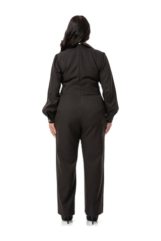 Büyük Beden Kruvaze Yaka Metal Düğmeli Fermuarlı Siyah Tulum-siyah Siyah