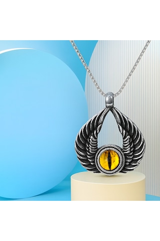 Dragon Eye Modeli Kanat Tasarımlı Sarı Göz Kolyeli Antik Çelik Erkek Kadın Kolye Gri - Sarı