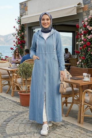 Hb Harma Time Butik Kadın Kapüşonlu Fermuarlı Cepli Açık Mavi Kot Kap