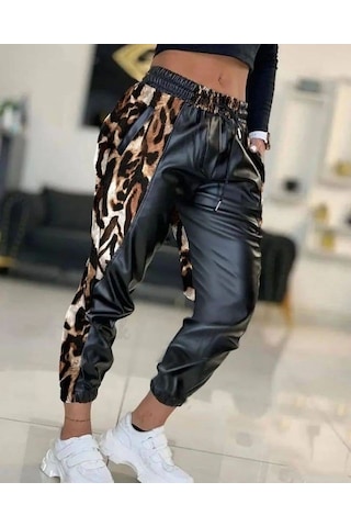 Bel Ve Paça Lastikli Detay Yanları Leopar Bağcıklı Deri Pantolon Siyah