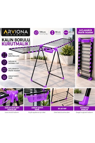 Arvıona Home 170 Cm Kalın Borulu Katlanabilir Metal Çamaşır Kurutmalığı 8 Borulu Mor