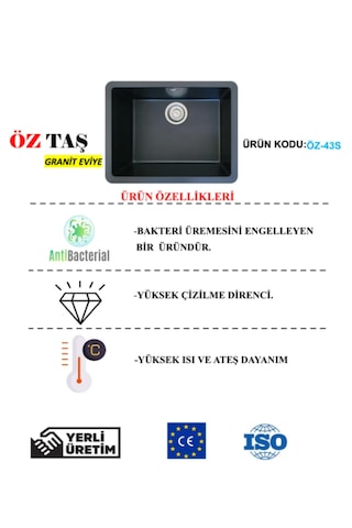 Öztaş ÖZ-43s Granit Mutfak Eviye Siyah Tek Gözlü 43 x 55 CM