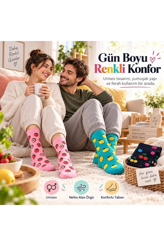 Storeşahin Kadın Ve Erkek Çorap Meyve Desenli Renkli 3'lü Set Uzun Soket Günlük Rahat Çorap Seti Shn0720 Çok Renkli