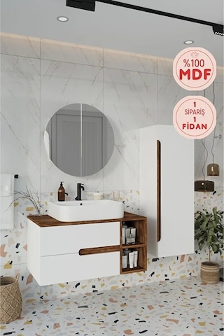 Koza Beyaz 90 Cm %100 Mdf Banyo Dolabı Ayna Lavabo Boy Dolabı Beyaz