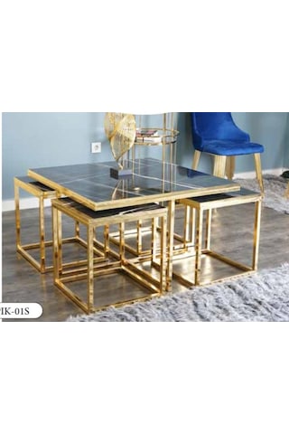 Mim Siyah Mermer - Gold Kare 4+1 Pizza Orta Sehpa Siyah Mermer - Gold