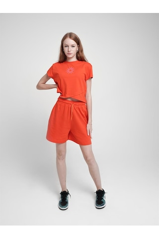 Kız Çocuk Güneş Baskılı Kısa Tshirt-12690 Turuncu