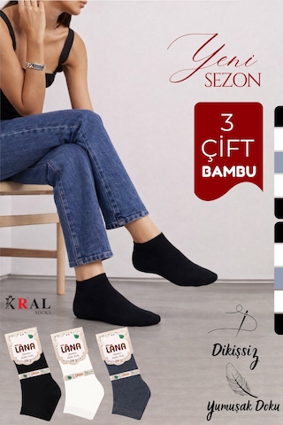 Kral Socks Kadın Bambu Patik 3 Adet Görünmez Dikişsiz Parfümlü Kısa Çorap Beyaz - Siyah - Gri