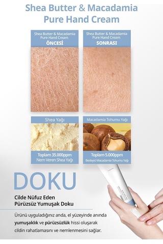 Yoğun Nem Veren Besleyici El Kremi Kundal Shea Butter & Macadamia Pure Hand Cream 50ml Blanc