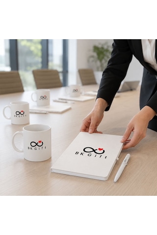 Logonuza Özel 5 Adet Beyaz Defter, Metal Kalem Ve Kupalı Kurumsal Hediye Seti