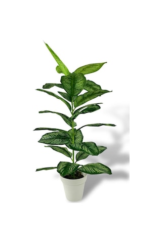 Yapay Çiçek Difenbahya Tropik Sarı Şeritli 80cm 23 Yapraklı Salon Çiçeği Beyaz Saksılı Yapay Bitki