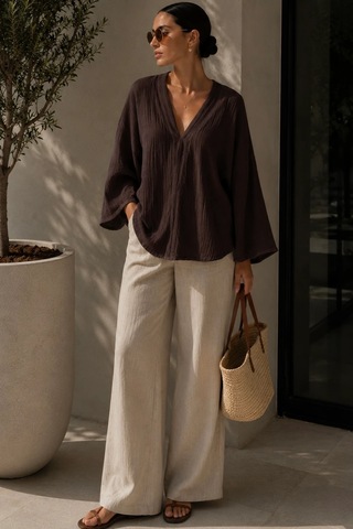 Bbbutikbasic Kadın Müslin Oversize Bluz Salaş Kesim Yazlık Basic Ceket My3535 Kahverengi