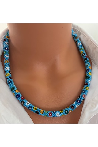 Chichibeads Mavi Papatya Desenli Kolye Bileklik Set Beyaz - Mavi