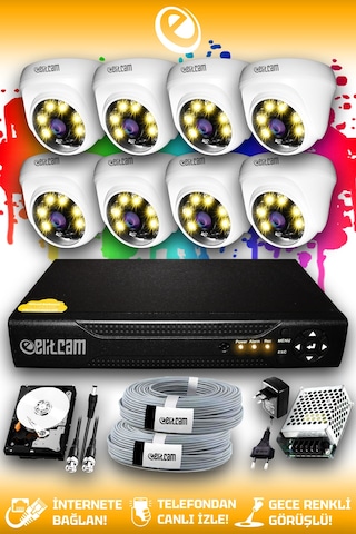 Elitcam 8 Kameralı Dome 8 İç Kamera Set 2 TB HDD Full HD Renkli Gece Görüşlü Güvenlik Kamerası Sistemi