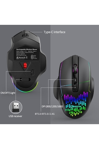 Novahub Kablosuz Şarjlı 3 Modlu Fare - Bt5.0/3.0/2.4g, Dpı 800/1200/1600, Sessiz Tuşlar, Nefes Işığı 001