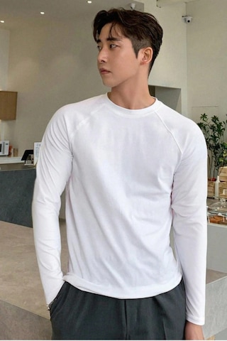 Tarz Cool Erkek Slim Fit Uzun Kollu Bisiklet Yaka Likralı Pamuk Tişört Beyaz