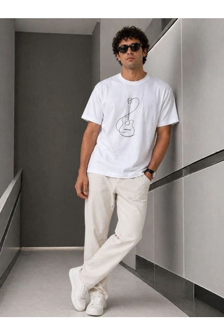 Vexor Erkek Minimal Gitar Baskılı Tişört T-shirt Yazlık Kısa Kol Bisiklet Yaka T-shirt - Beyaz Çok Renkli