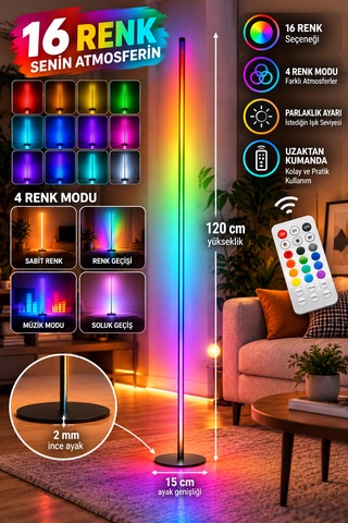 Rgb Led Lambader 120 Cm Kumandalı 16 Renkli Dekoratif Ayaklı Lamba, Parlaklık Ayarlı, Renk Geçişli Ortam Aydınlatması Siyah