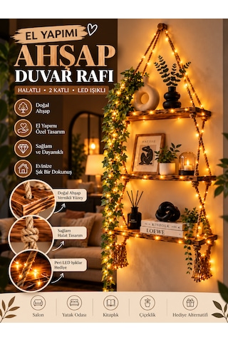 Modern Doğal 2 Katlı Ahşap Halatlı Dekoratif Duvar Rafı, Kitaplık , Çiçeklik, Retro Hasır Ipli Ahşap Vernikli , Peri Led Hediyeli -