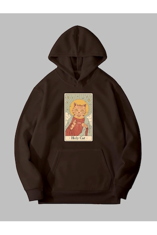 Harmandar Üç İplik Holy Cat Baskılı Unisex Kahverengi Kanguru Cepli Kapüşonlu Sweatshirt Hoodie Holycatkahverengisweat
