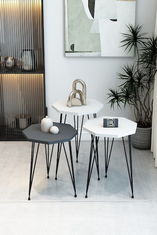 3'lü Sekizgen Zigon Sehpa Seti - Siyah Metal Ayaklı, Modern & Şık Yan Sehpa, Dayanıklı Salon Ofis Beyaz Antrasit