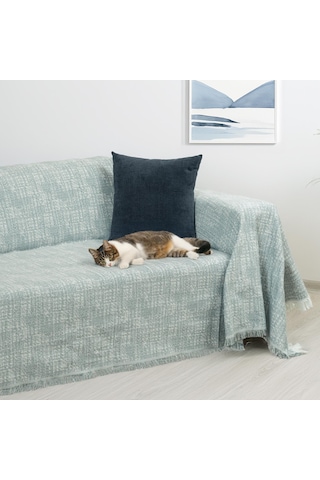 Purecot Premium Pamuklu Püsküllü Koltuk Örtüsü 180x300 Large Çift Taraflı Terletmez Kaymaz , Mavi Mavi