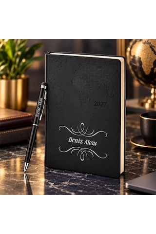 Bk Gift Kişiye Özel 378 Termo Deri Tarihli Ajanda & Siyah Touch Pen Tükenmez Kalem-1