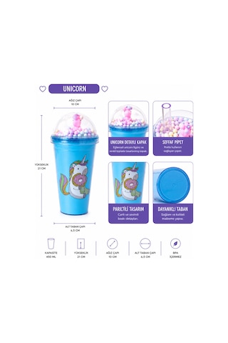 Unicorn Temalı Pipetli Bardak 450 Ml Mavi Renkli Çocuk Matara Şeffaf Kapaklı Bpa İçermez 3 Farklı Model Çok Renkli