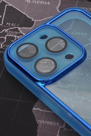 Apple Uyumlu iPhone 14 Pro Mavi Kenarlı Renkli Yarı Şeffaf Kapak Kılıf Kamera Lens Korumalı Mavi