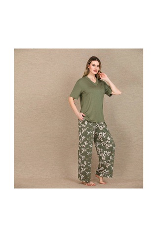 L'ombre Şık Tasarım Çiçek Desenli Yeşil Kısa Kol Viskon Pijama Takımı