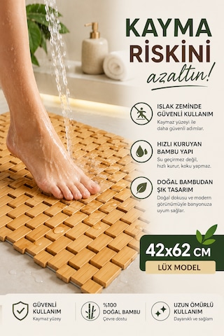 Lüx Model Bambu Kaydırmaz Banyo Paspası 42x62 Cm Suya Dayanıklı Doğal Bambu Zemin Matı Ahşap