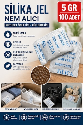 100 Adet 5 Gr Silikajel Nem Alıcı Silika Jel Rutubet Önleyici Küf Giderici Paket