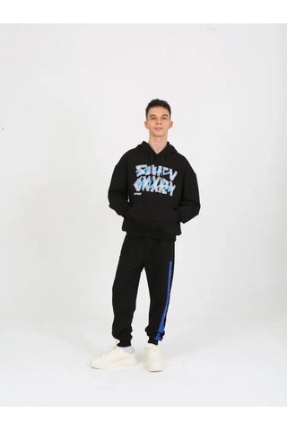 Erkek Çocuk Yazı Detaylı 2 İplik Kapüşonlu Sweatshirt-15229 Siyah